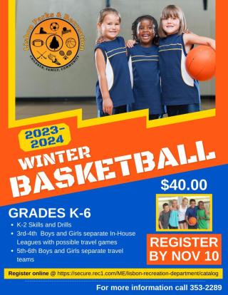 infographic of winter basketball in Lisbon, Maine for, Grades K-6