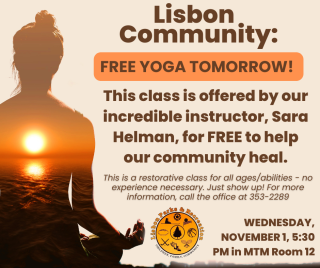 Yoga pose at sunset with information on free yoga at MTM Community center, 5:30pm, November 1.