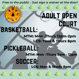 Infographic of open court times for basketball, pickleball, and soccer for adults in Lisbon 2023